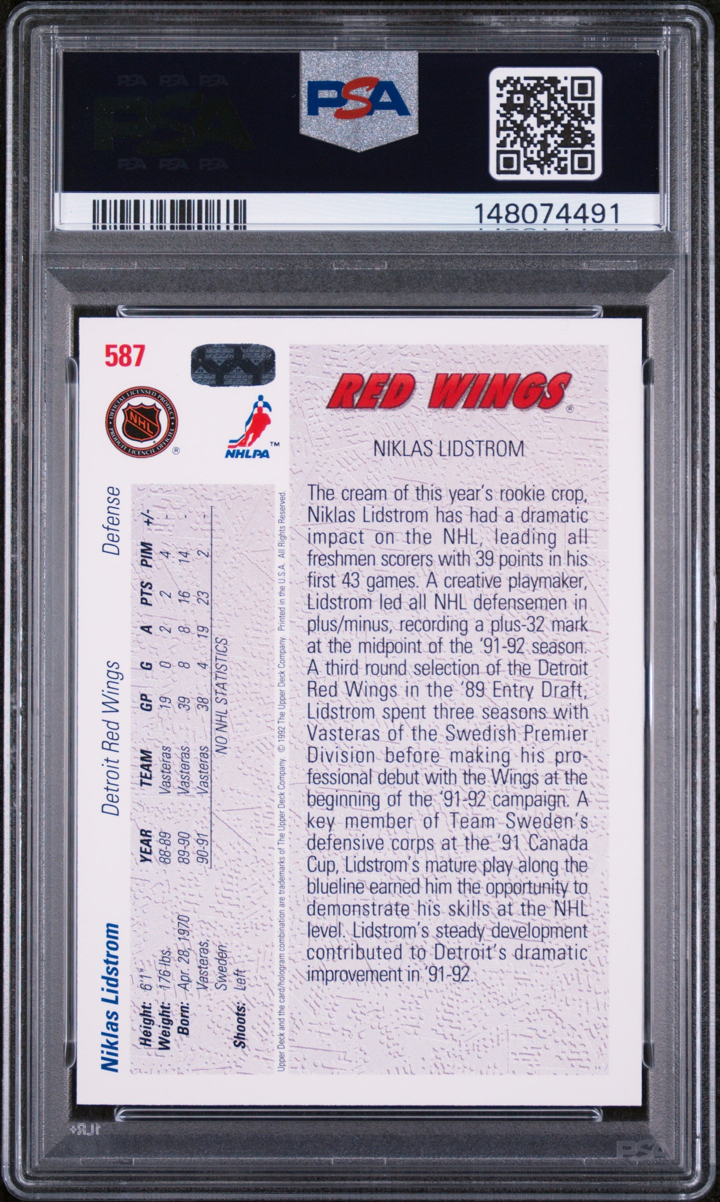 1991 UPPER DECK #587 NICKLAS LIDSTROM YOUNG GUNS PSA 9