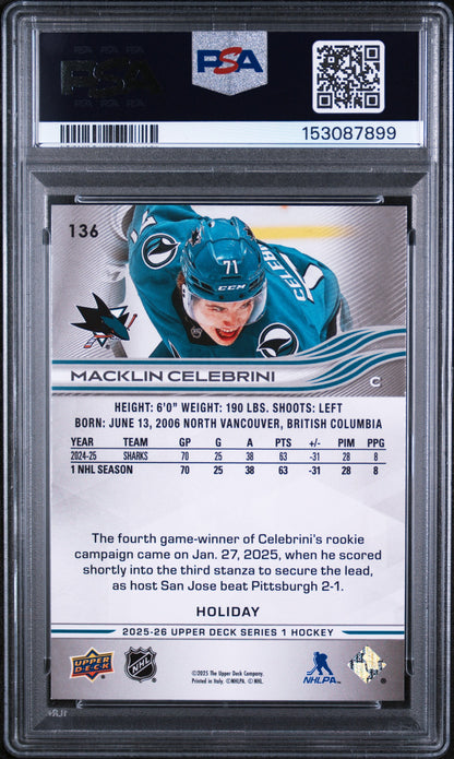 2025 UPPER DECK #136 MACKLIN CELEBRINI HOLIDAY PSA 9