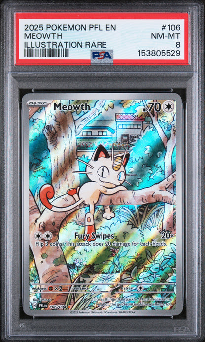 2025 POKEMON PFL EN PHANTASMAL FLAMES #106 MEOWTH ILLUSTRATION RARE PSA 8