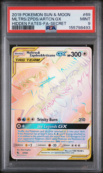 Moltres & Zapdos & Articuno GX (Secret) Hidden Fates Secret Rare 69/68 PSA 9