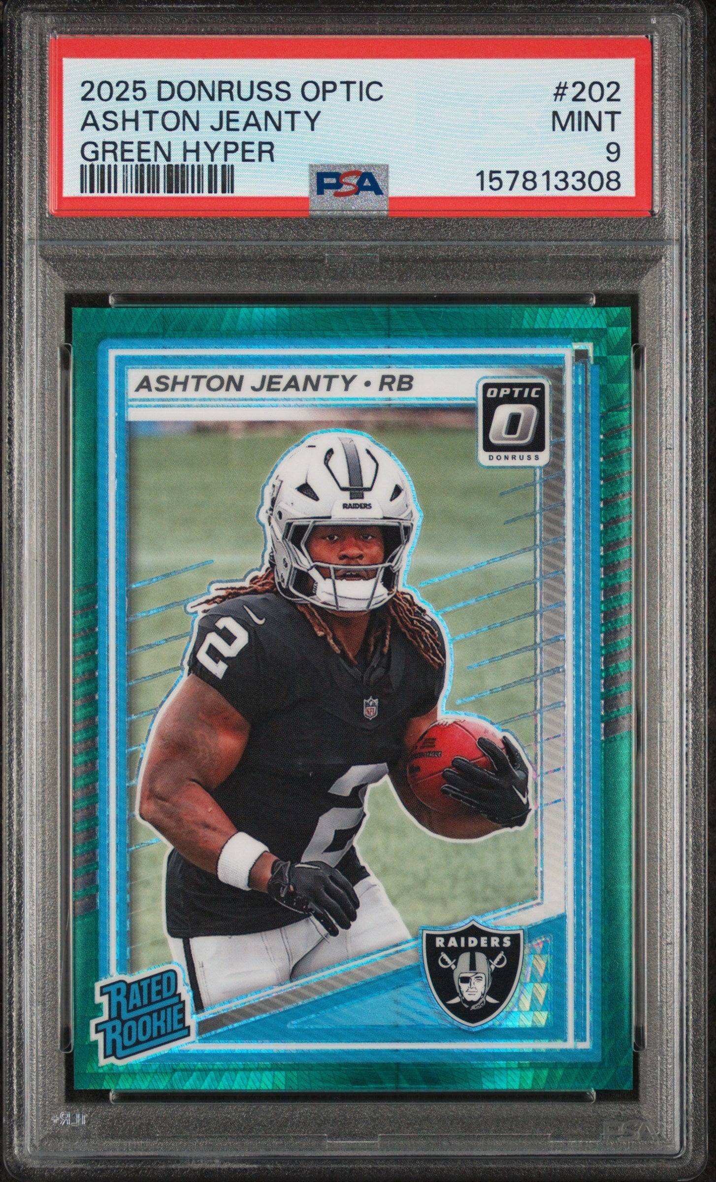 2025 PANINI DONRUSS OPTIC #202 ASHTON JEANTY GREEN HYPER RATED ROOKIE PSA 9