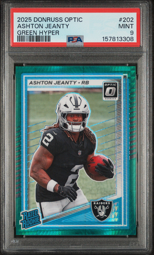 2025 PANINI DONRUSS OPTIC #202 ASHTON JEANTY GREEN HYPER RATED ROOKIE PSA 9