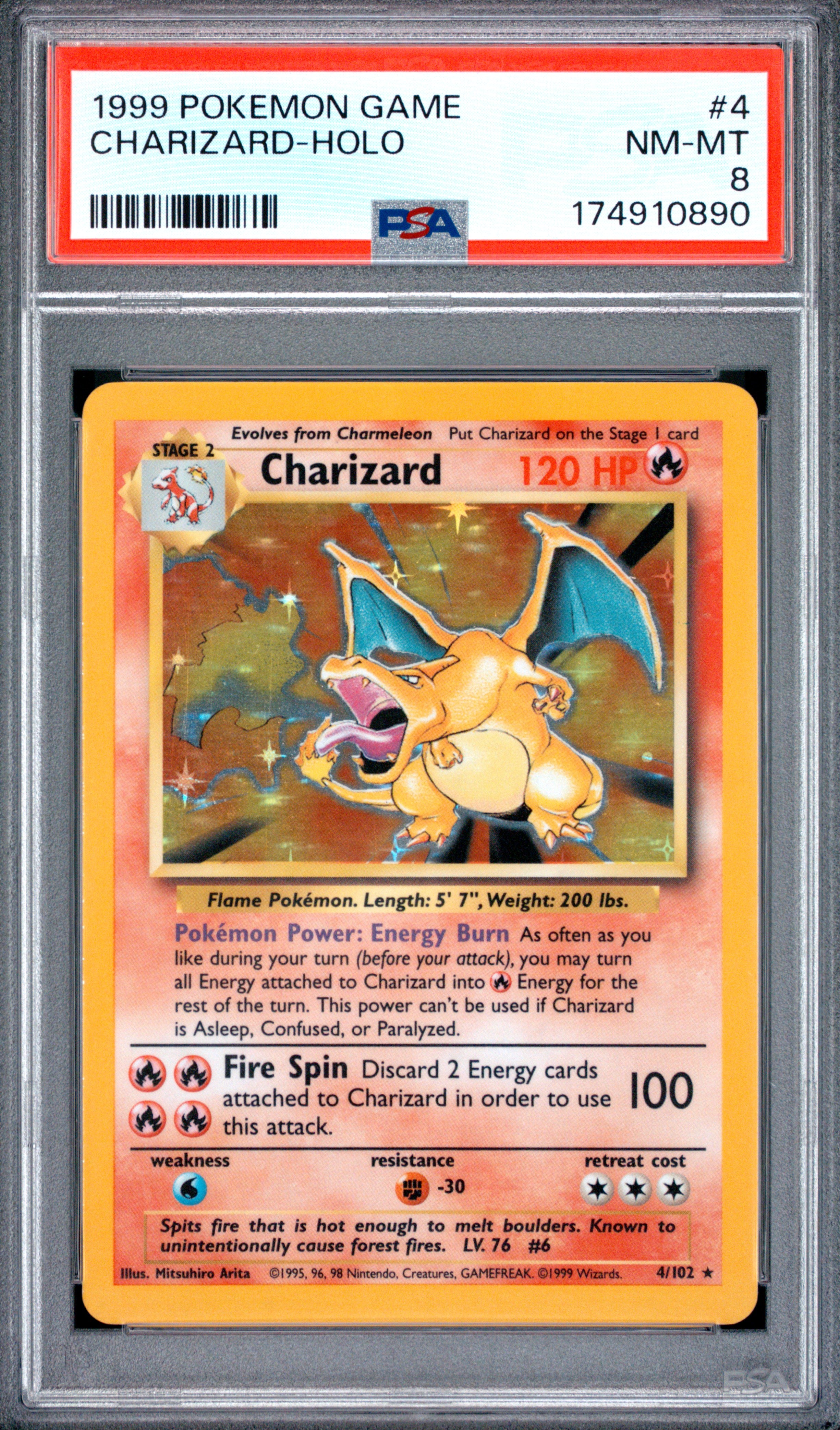 1999 POKEMON GAME #4 CHARIZARD HOLO BASE SET PSA 8