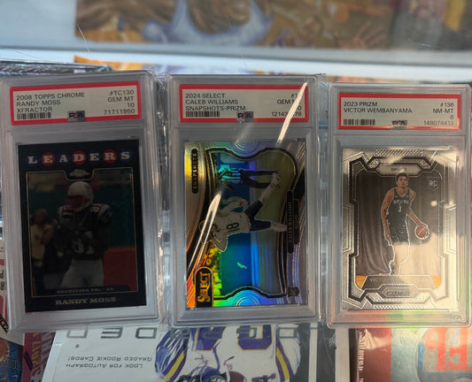 2008 CHROME RANDY MOSS PSA 10 / 2024 SELECT CALEB WILLIAMS SNAPSHOTS PSA 10 / 2023 PRIZM WEMBANYAMA RC PSA 8