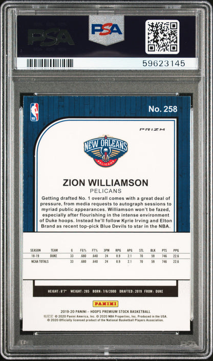 2019 PANINI HOOPS PREMIUM STOCK ZION WILLIAMSON FLASH ROOKIE PSA 10 #258
