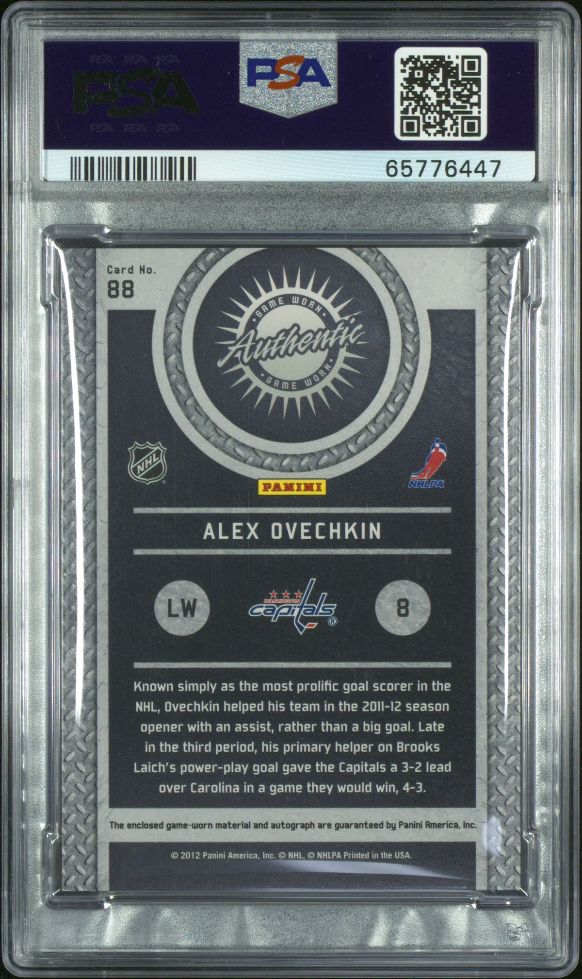 2011 PANINI TITANIUM GAME WORN GEAR #88 ALEX OVECHKIN GAME WORN AUTO PRIME PSA 9