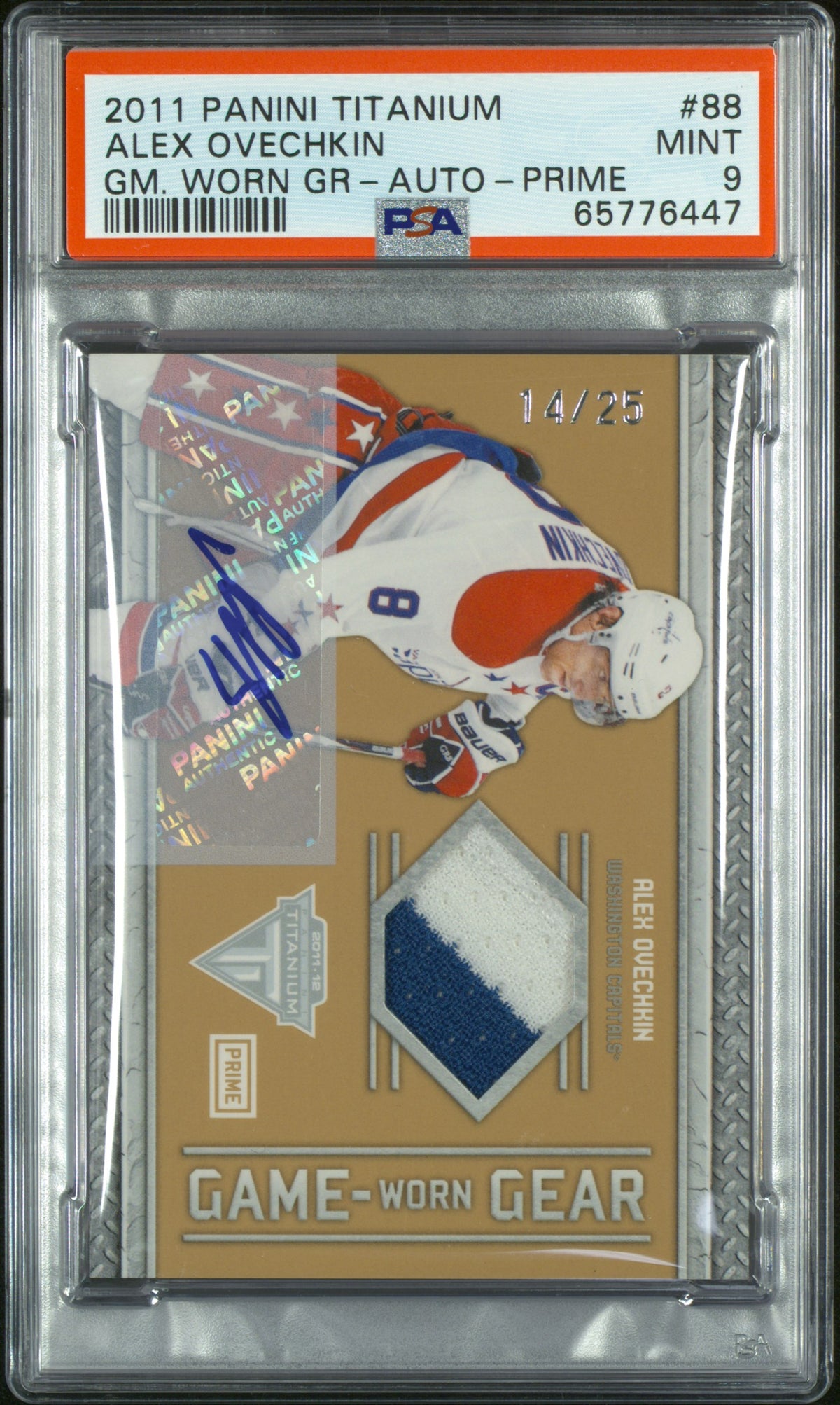 2011 PANINI TITANIUM GAME WORN GEAR #88 ALEX OVECHKIN GAME WORN AUTO PRIME PSA 9