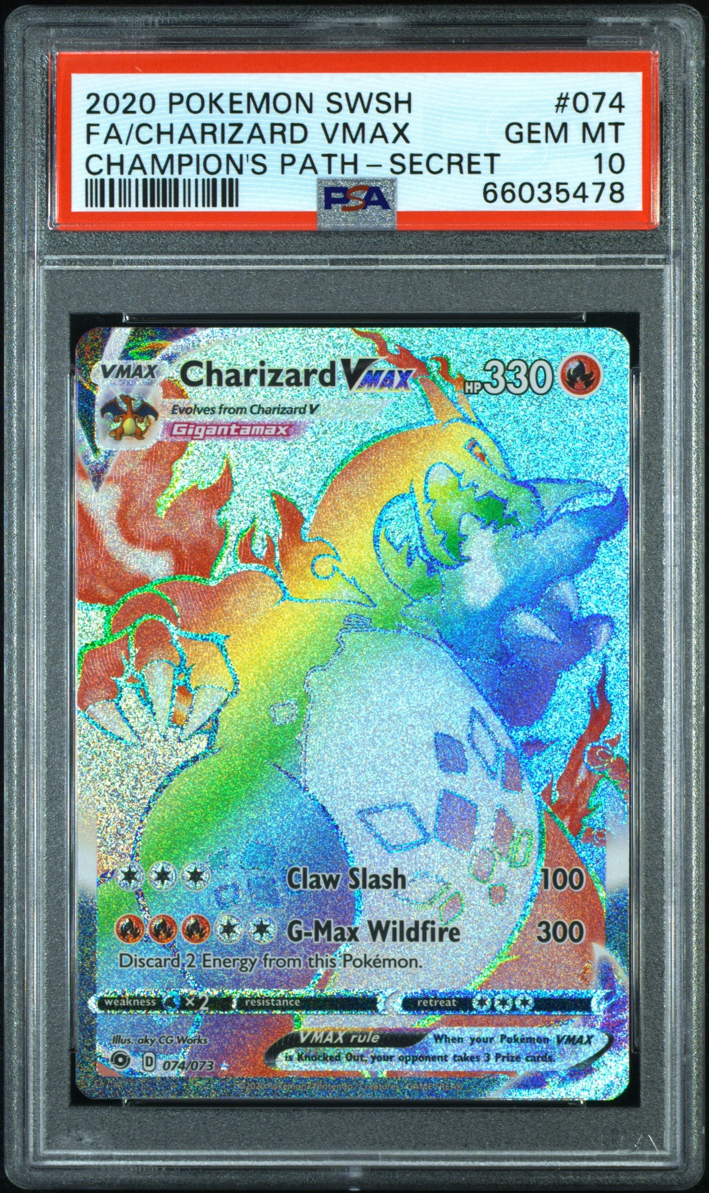 2020 POKEMON SWSH CHARIZARD VMAX CHAMPION'S PATH SECRET 074/073 PSA 10