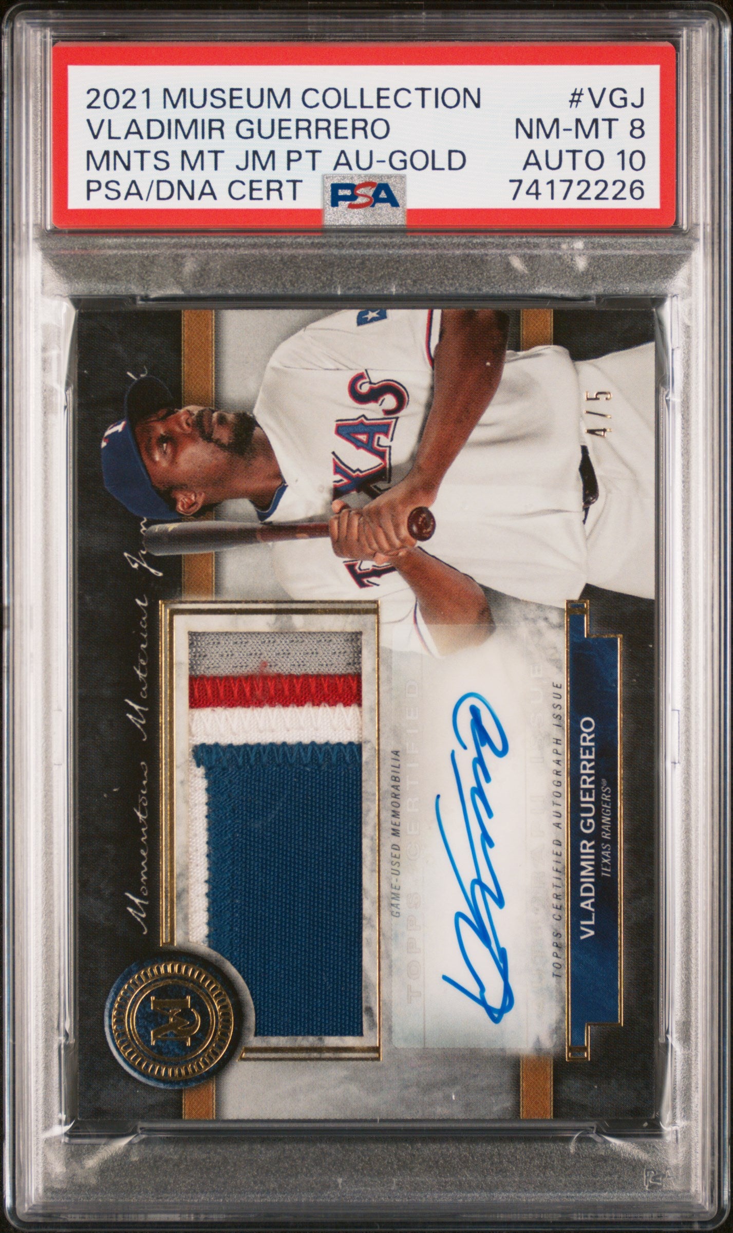 2021 MUSEUM VLADIMIR GUERRERO SR MOMENTOUS MATERIAL SIGNATURE /5 PSA 8 AUTO 10