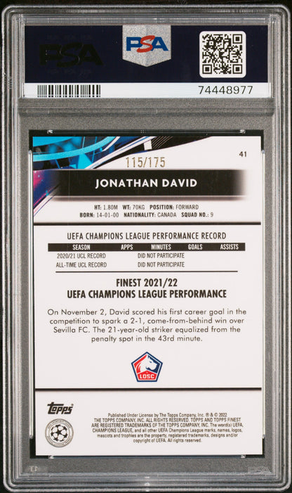 2021-2022 TOPPS FINEST UEFA UCL #41 JONATHAN DAVID SPECKLE RC REFRACTOR /175 PSA 10
