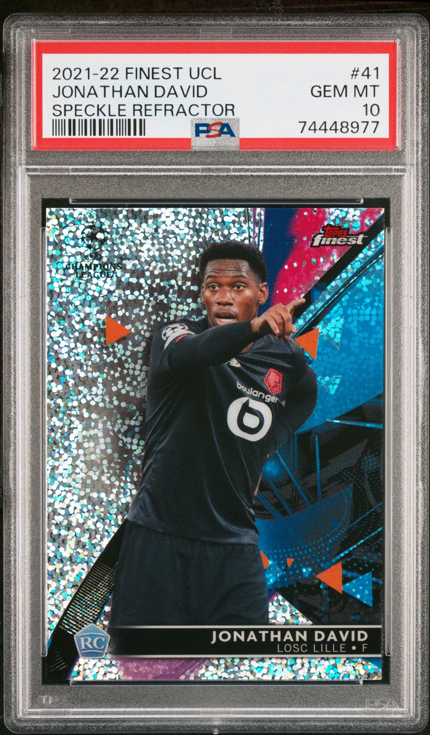 2021-2022 TOPPS FINEST UEFA UCL #41 JONATHAN DAVID SPECKLE RC REFRACTOR /175 PSA 10