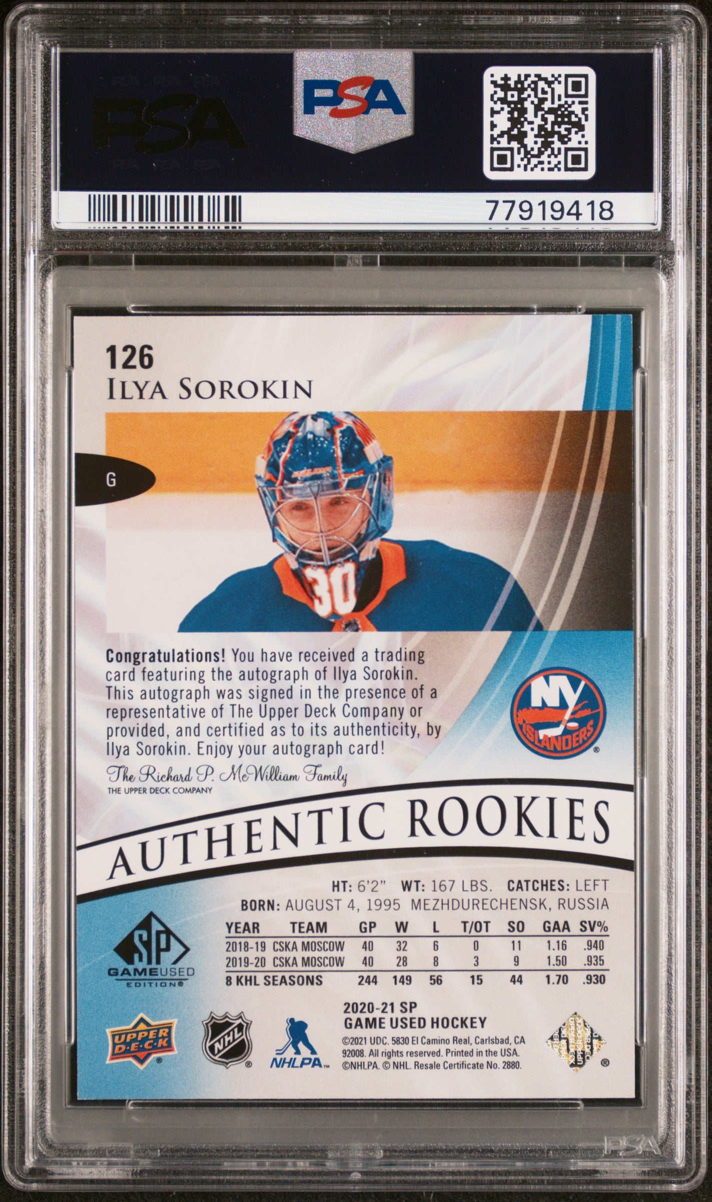 2020 SP GAME USED #126 ILYA SOROKIN AUTHENTIC ROOKIES BLUE AUTOGRAPH PSA 9