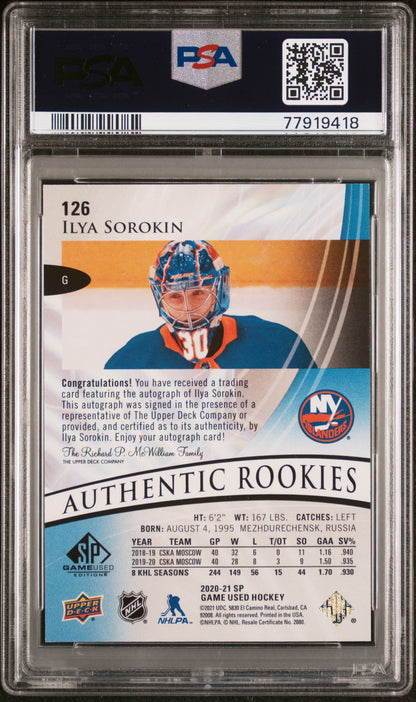 2020 SP GAME USED #126 ILYA SOROKIN AUTHENTIC ROOKIES BLUE AUTOGRAPH PSA 9
