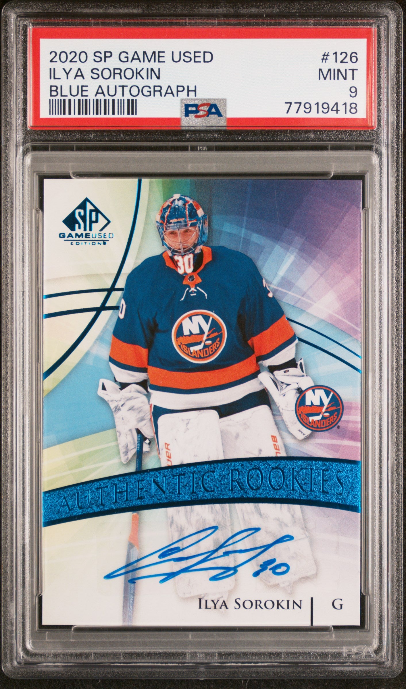 2020 SP GAME USED #126 ILYA SOROKIN AUTHENTIC ROOKIES BLUE AUTOGRAPH PSA 9