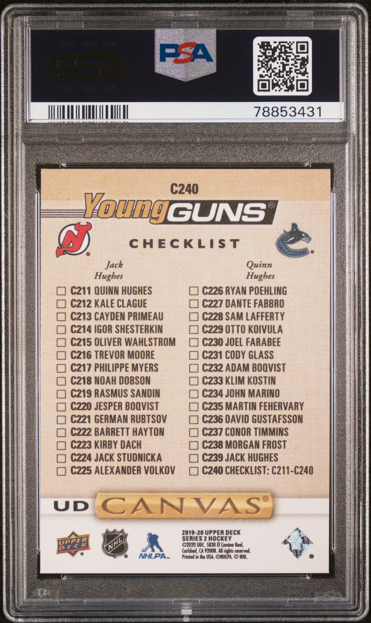 2019 UPPER DECK CANVAS #C240 JACK HUGHES QUINN HUGHES YOUNG GUNS PSA 10