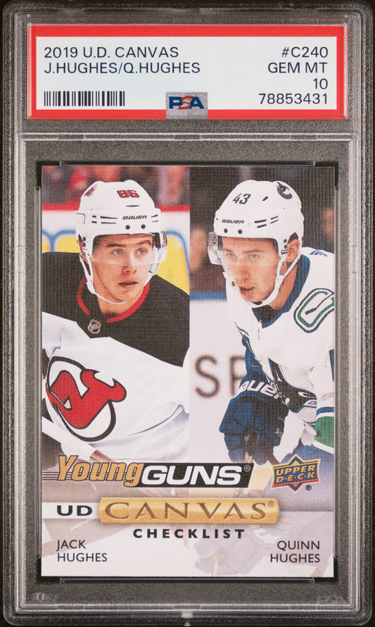 2019 UPPER DECK CANVAS #C240 JACK HUGHES QUINN HUGHES YOUNG GUNS PSA 10