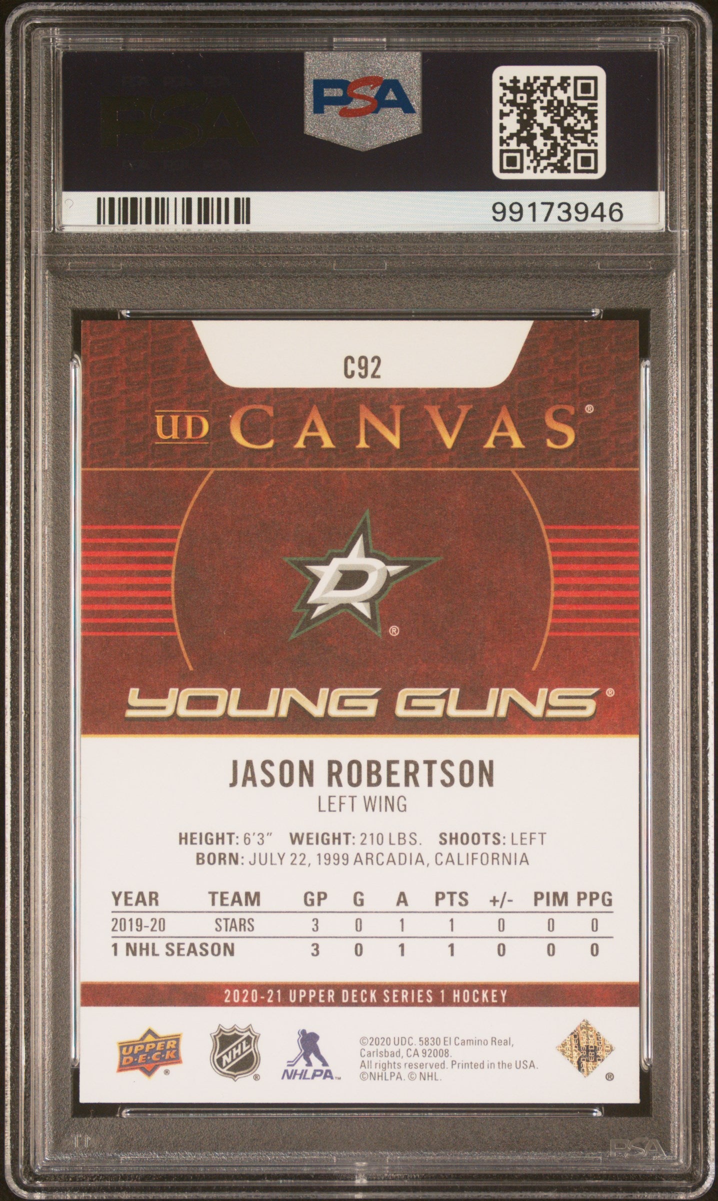 2020 UD SERIES ONE JASON ROBERTSON UD CANVAS YOUNG GUNS PSA 9