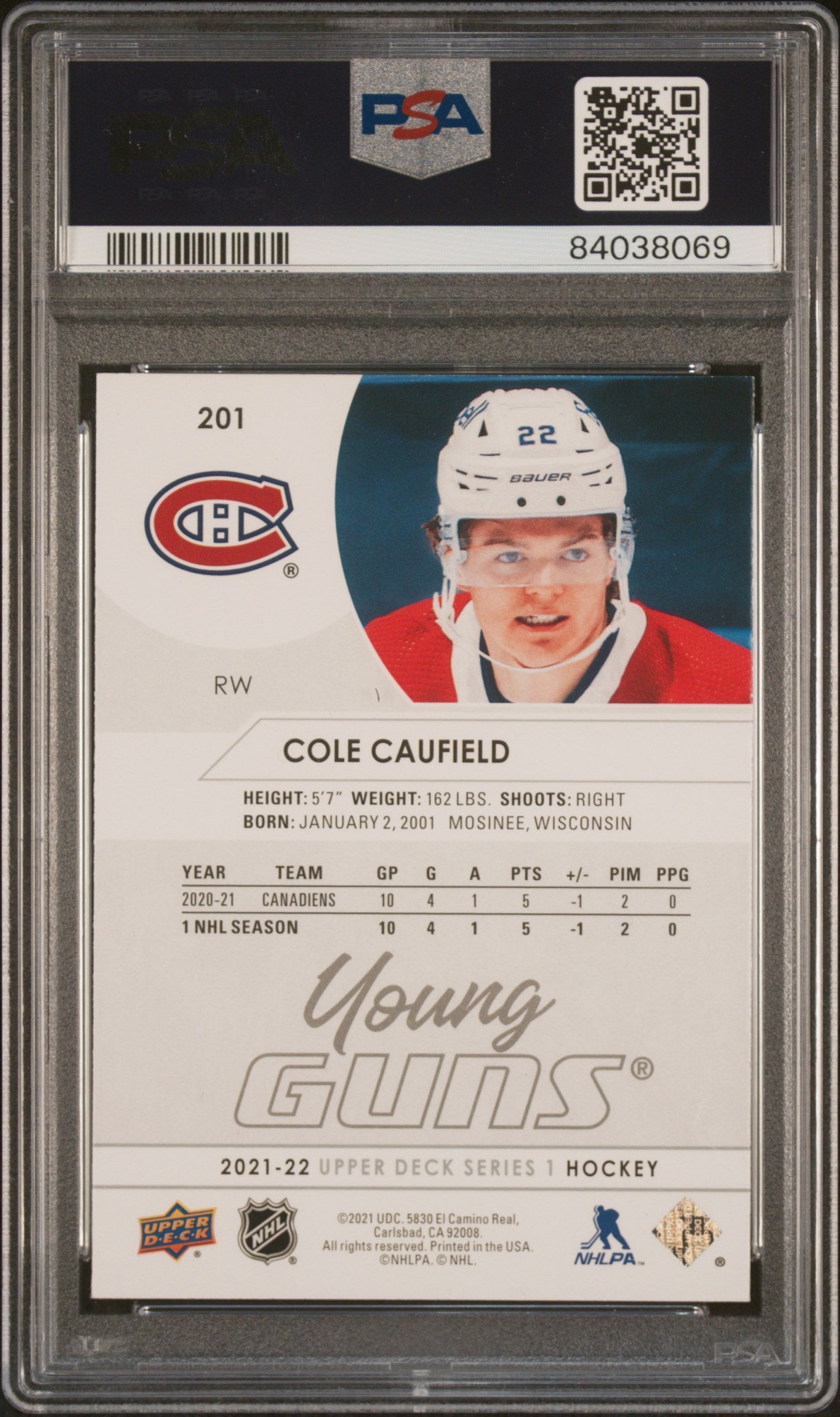2021-22 UPPER DECK SERIES 1 COLE CAUFIELD YOUNG GUNS PSA 9 #201