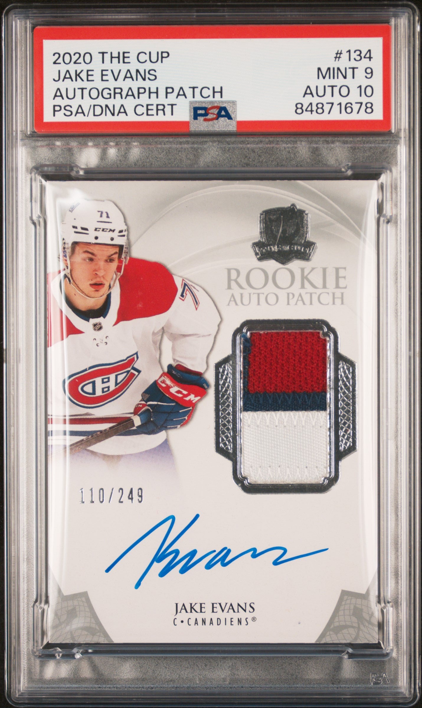 2020 UPPER DECK THE CUP #134 JAKE EVANS ROOKIE PATCH AUTOGRAPH  PSA 9 AUTO 10