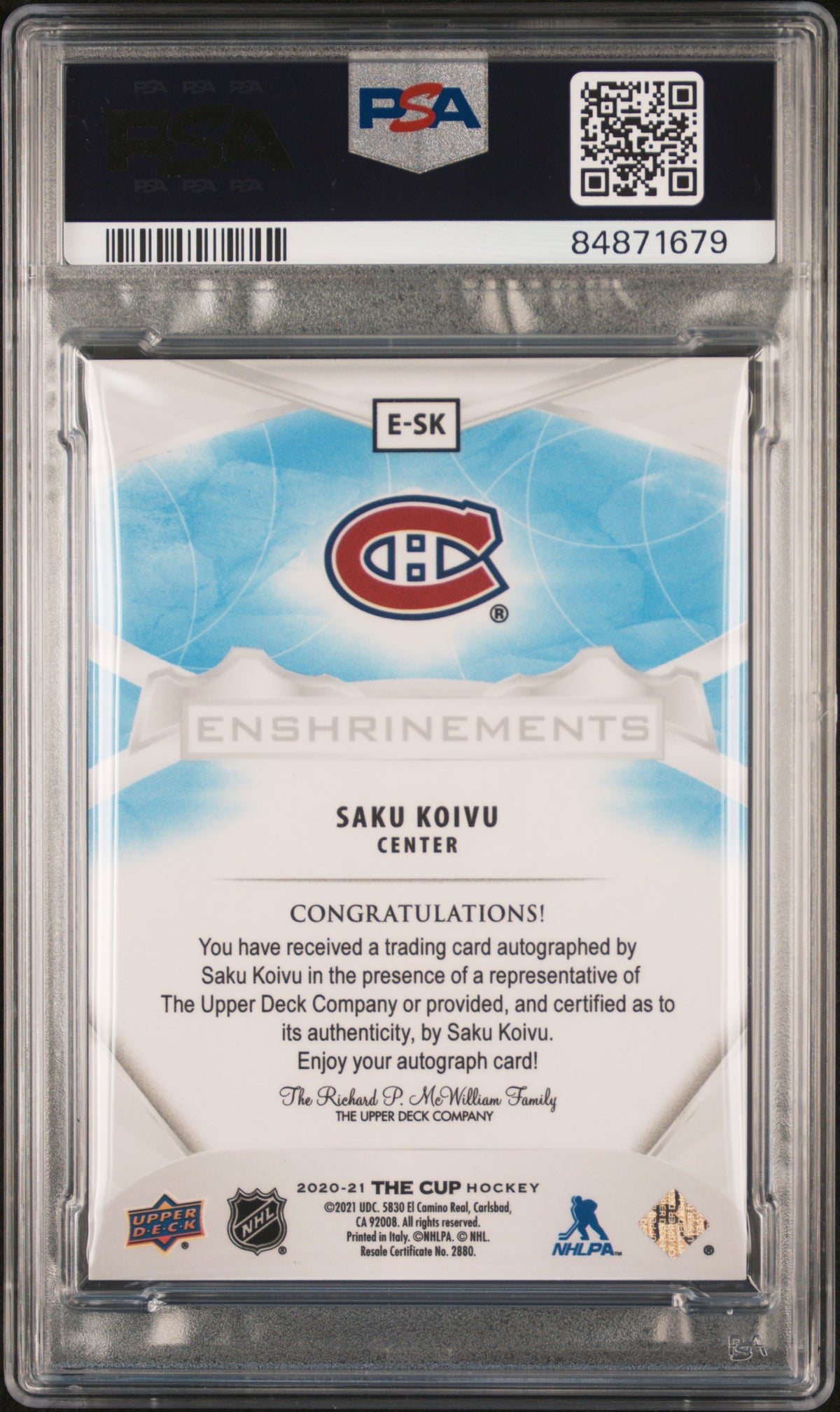 2020 UPPER DECK THE CUP #ESK SAKU KOIVU ENSHRINEMENTS AUTO /99 PSA 8 AUTO 10