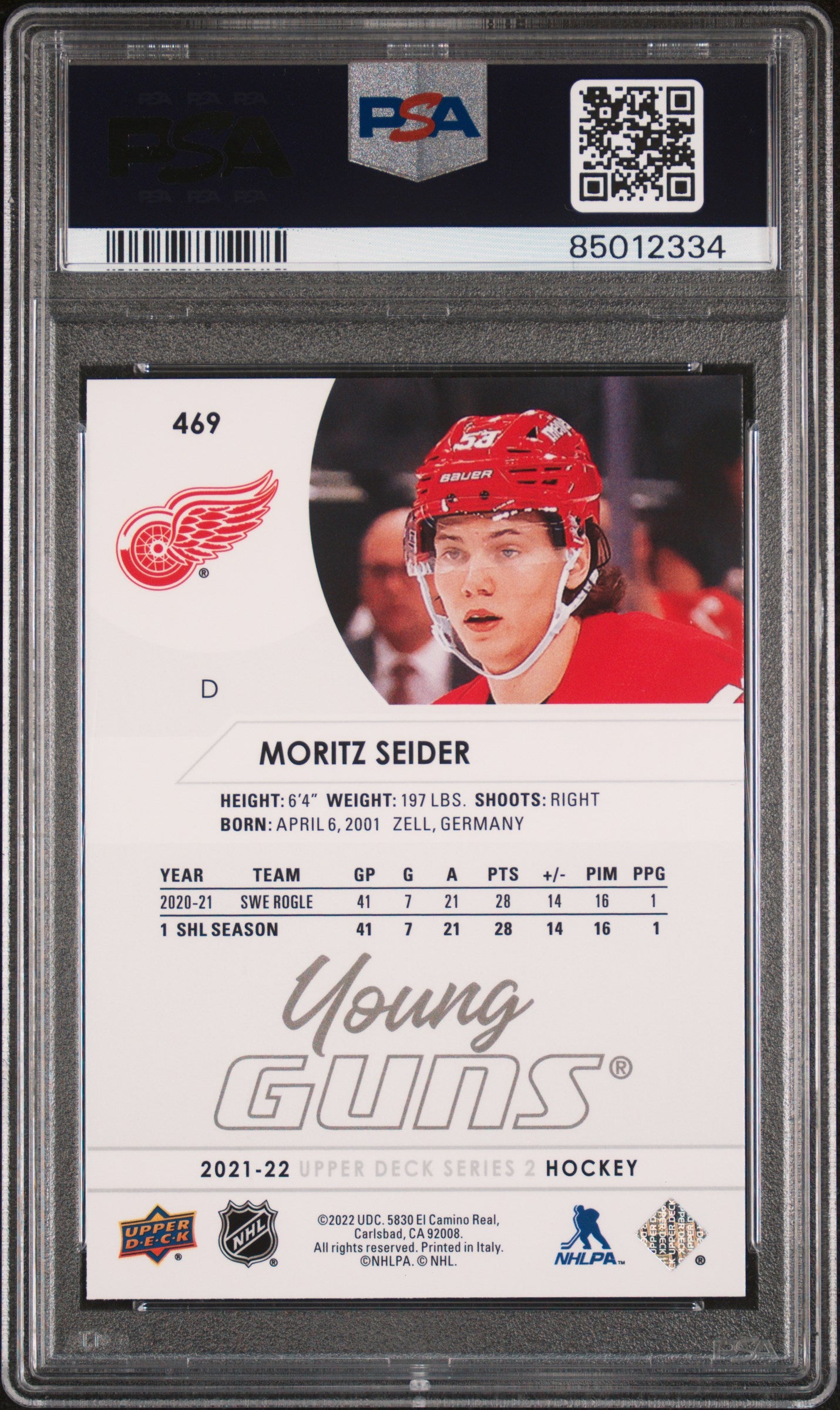 2021-22 UPPER DECK SERIES 2 MORITZ SEIDER YOUNG GUNS PSA 10