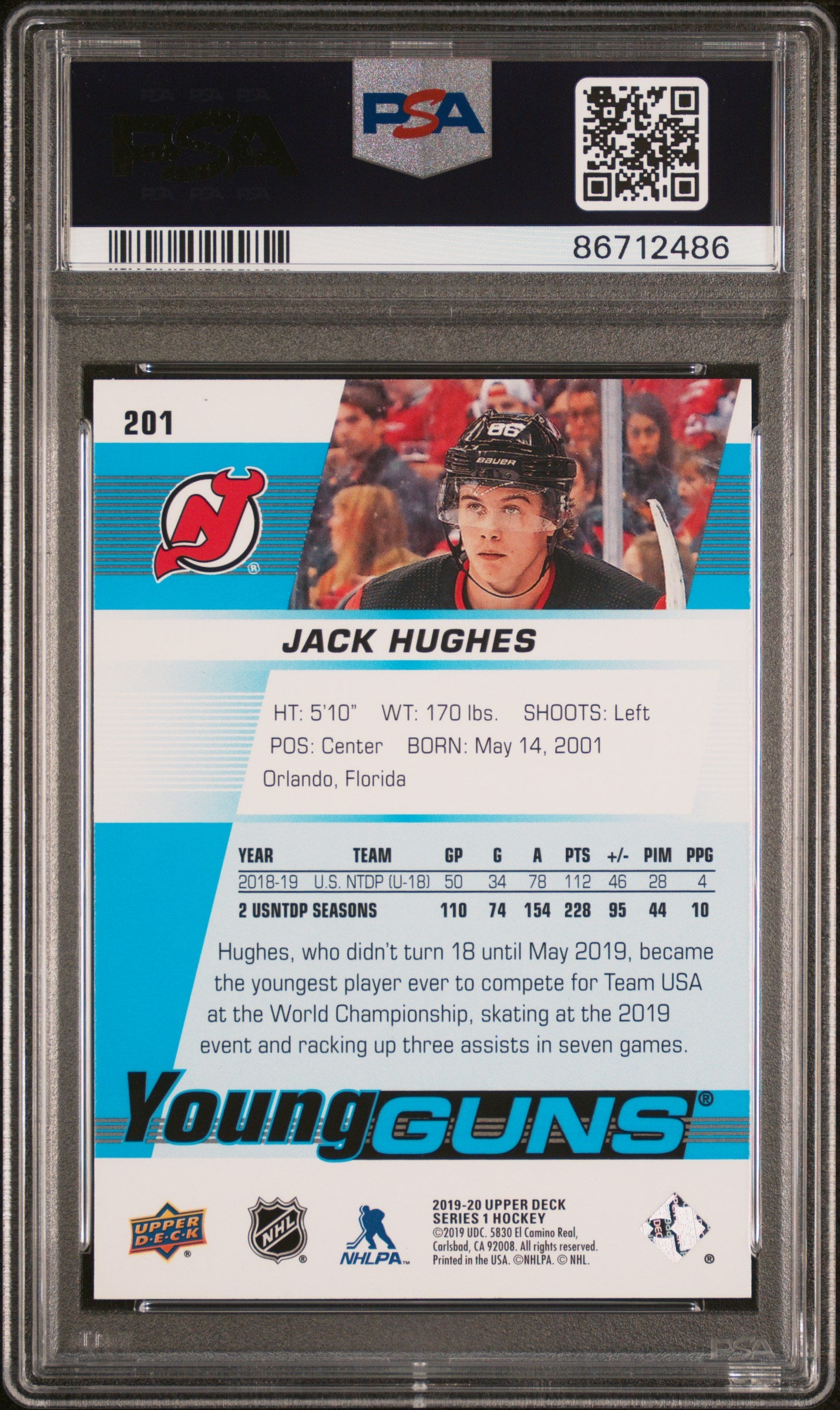 2019-20 UPPER DECK SERIES 1 JACK HUGHES YOUNG GUNS #201 PSA 10