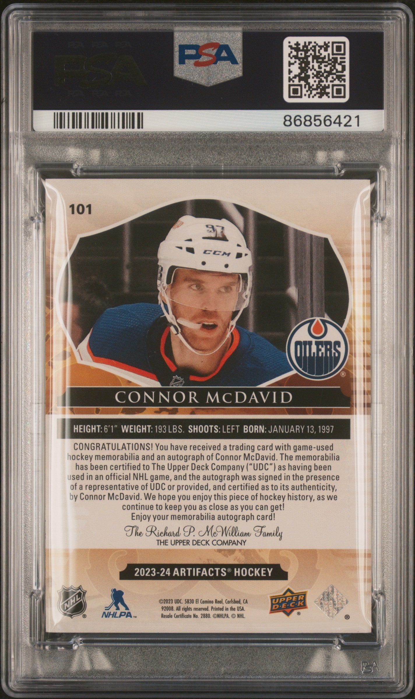 2023 UPPER DECK ARTIFACTS CONNOR MCDAVID AUTOGRAPH MATERIAL GOLD /25 PSA 9 #101