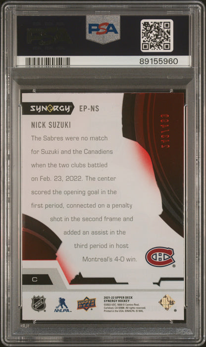 2021-2022 UPPER DECK SYNERGY #EPNS NICK SUZUKI EXCEPTIONAL PHENOMS RED /499 PSA 8