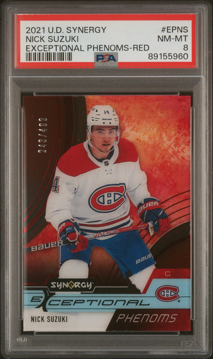 2021-2022 UPPER DECK SYNERGY #EPNS NICK SUZUKI EXCEPTIONAL PHENOMS RED /499 PSA 8