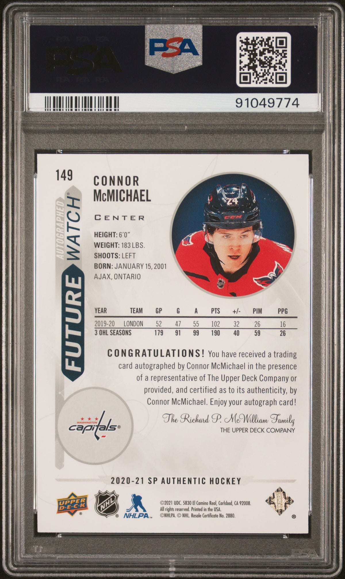 2020-21 SP AUTHENTIC #149 CONNOR McMICHAEL FUTURE WATCH AUTOGRAPH /999 PSA 9