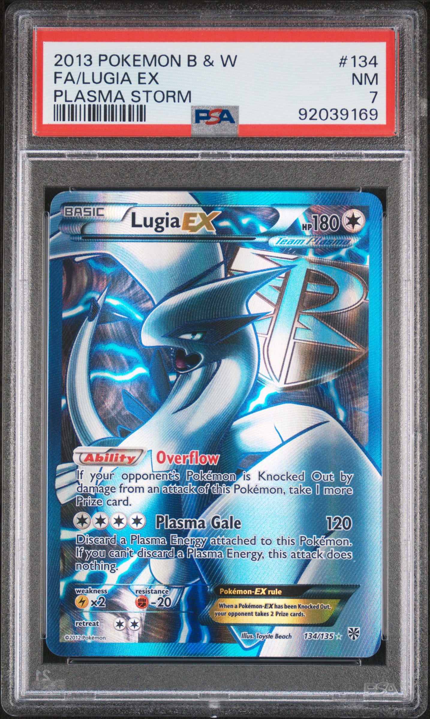 2013 POKEMON BLACK & WHITE PLASMA STORM #134 FA LUGIA EX PLASMA STORM PSA 7