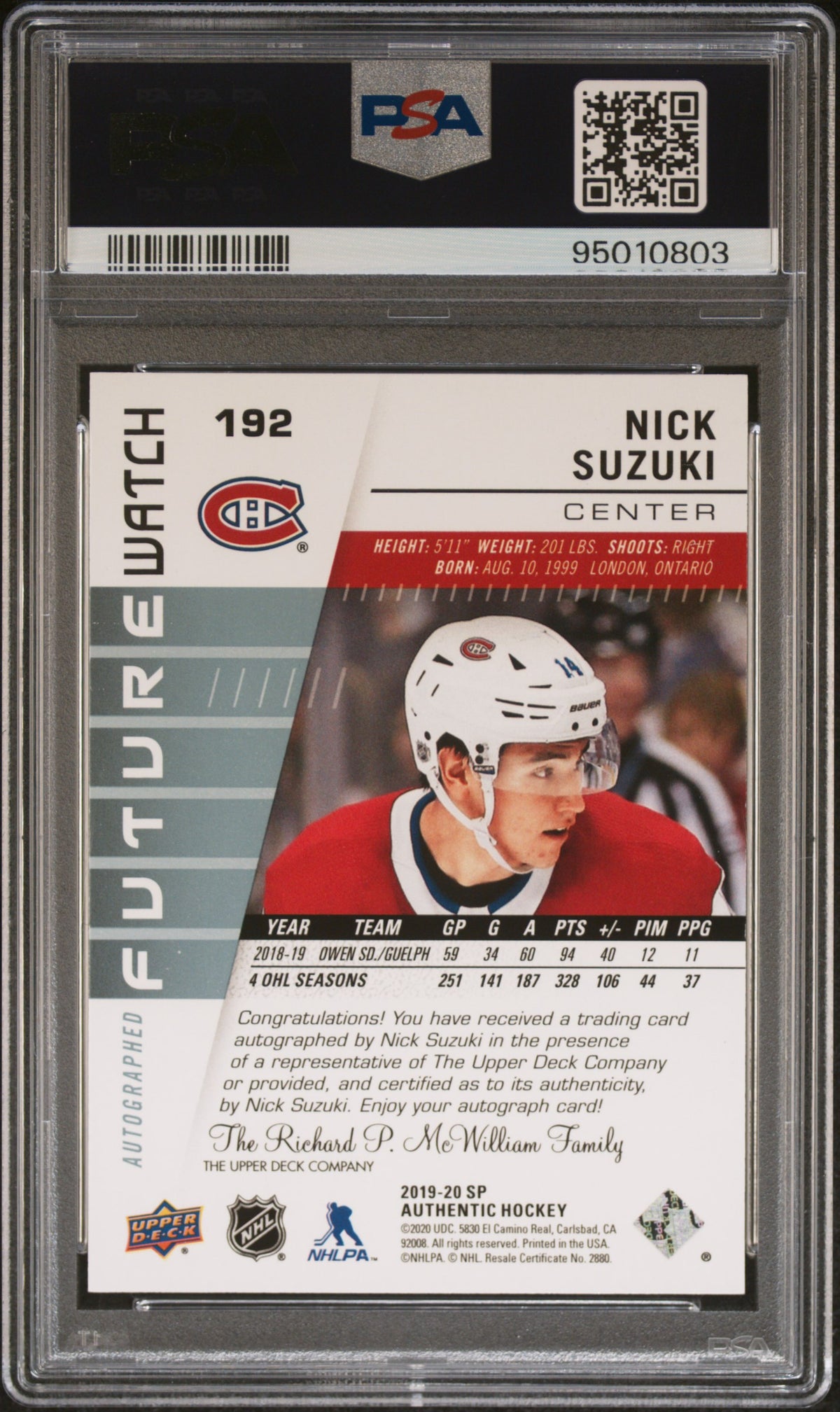 2019 SP AUTHENTIC #192 NICK SUZUKI FUTURE WATCH AUTOGRAPH /999 PSA 9