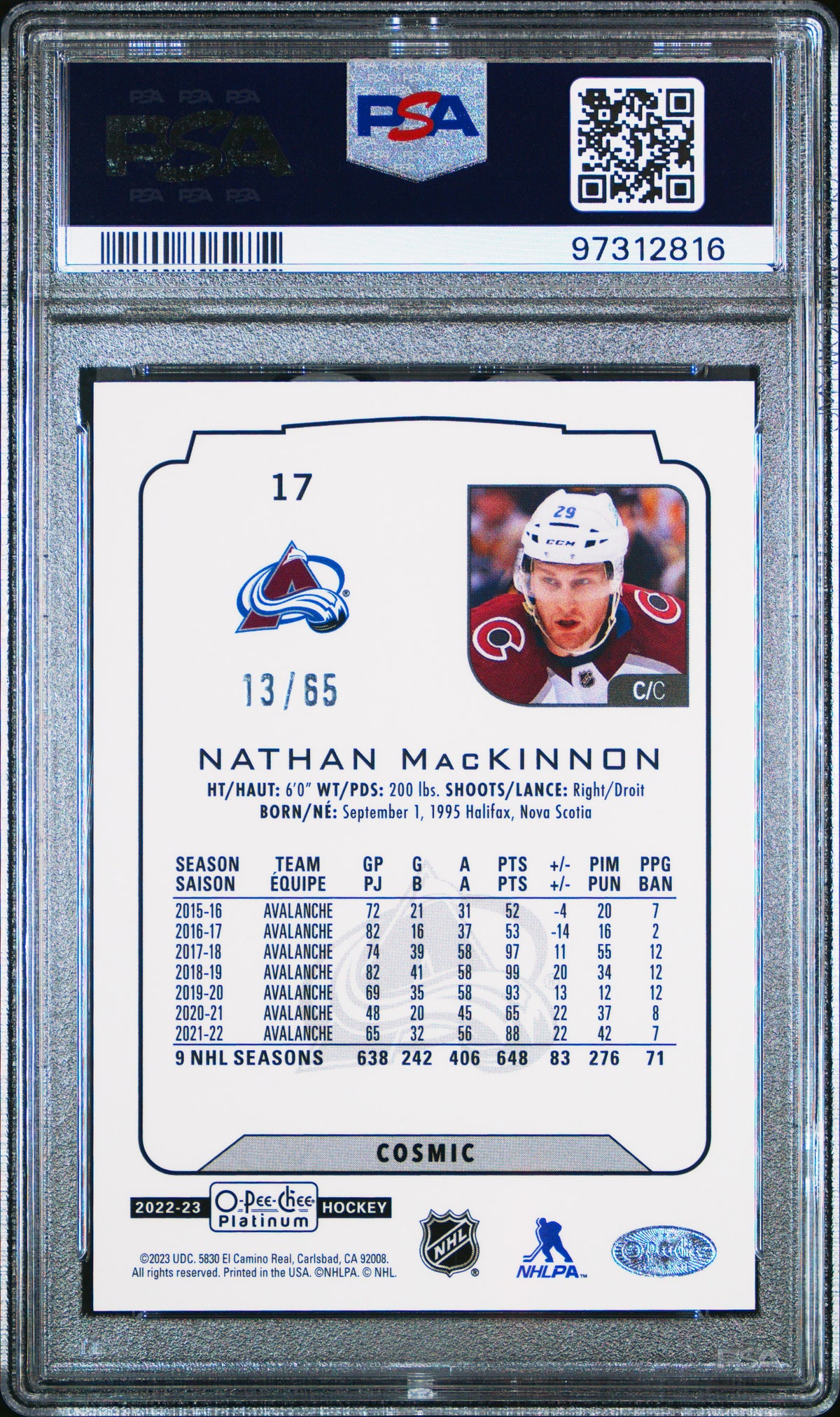 2022 O-PEE-CHEE PLATINUM #17 NATHAN MacKINNON COSMIC /65 PSA 10