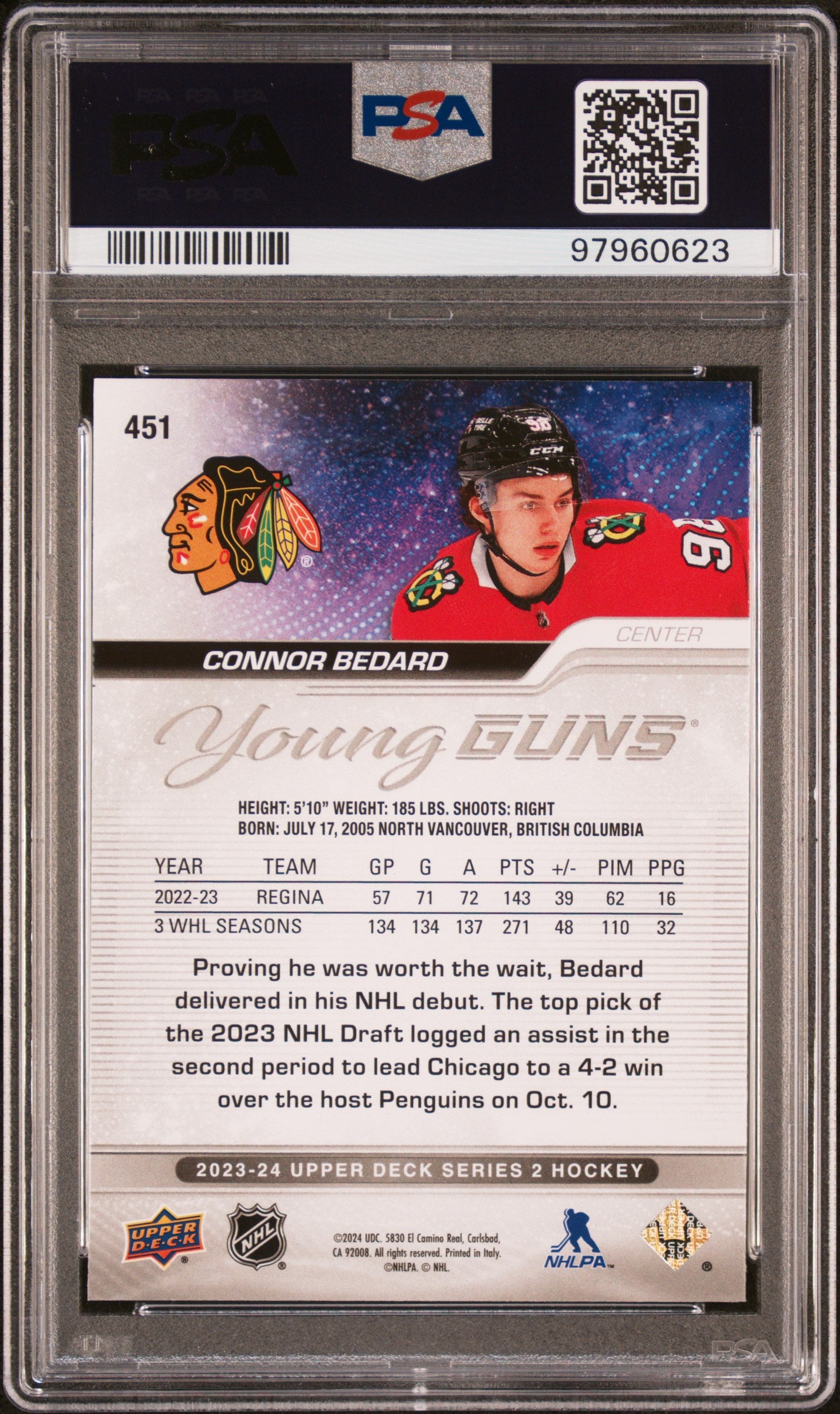 2023-24 UPPER DECK SERIES 2 CONNOR BEDARD YOUNG GUNS PSA 9 #451