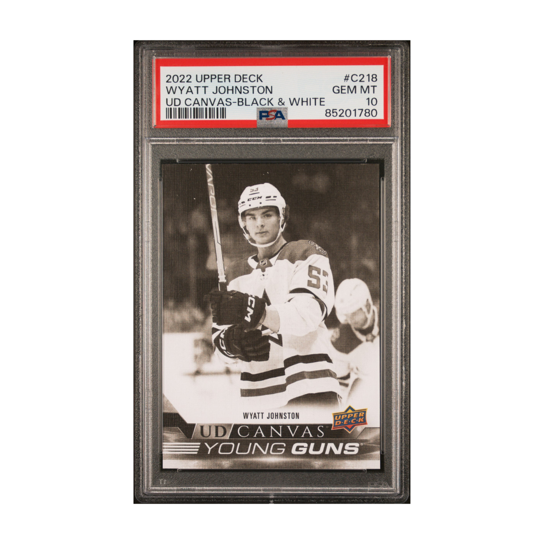 2022-23 UPPER DECK SERIES 2 WYATT JOHNSTON YOUNG GUNS UD CANVAS BLACK & WHITE PSA 10