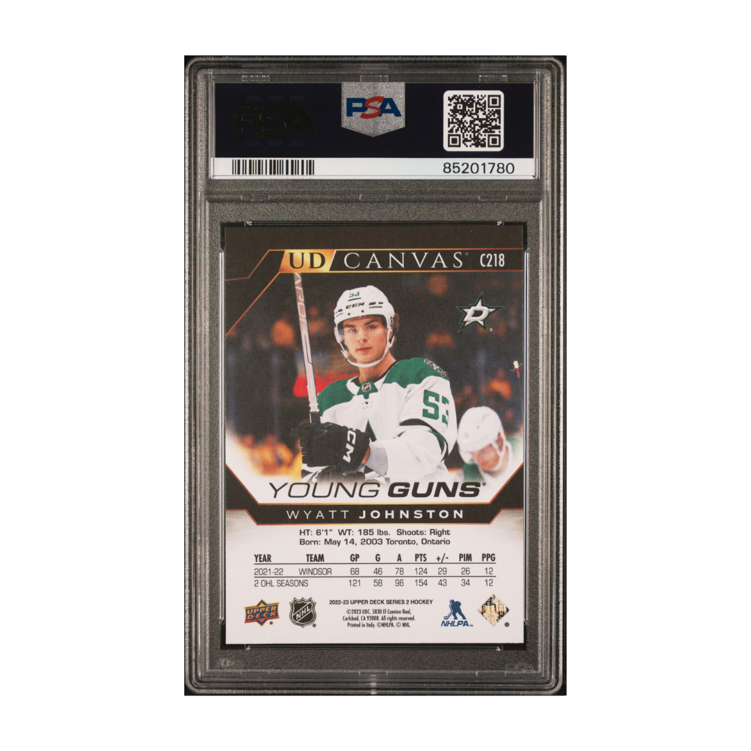 2022-23 UPPER DECK SERIES 2 WYATT JOHNSTON YOUNG GUNS UD CANVAS BLACK & WHITE PSA 10