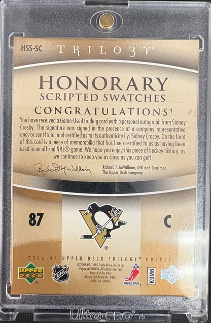 2006-07 UPPER DECK TRILOGY SIDNEY CROSBY HONORARY SCRIPTED SWATCHES 13/25