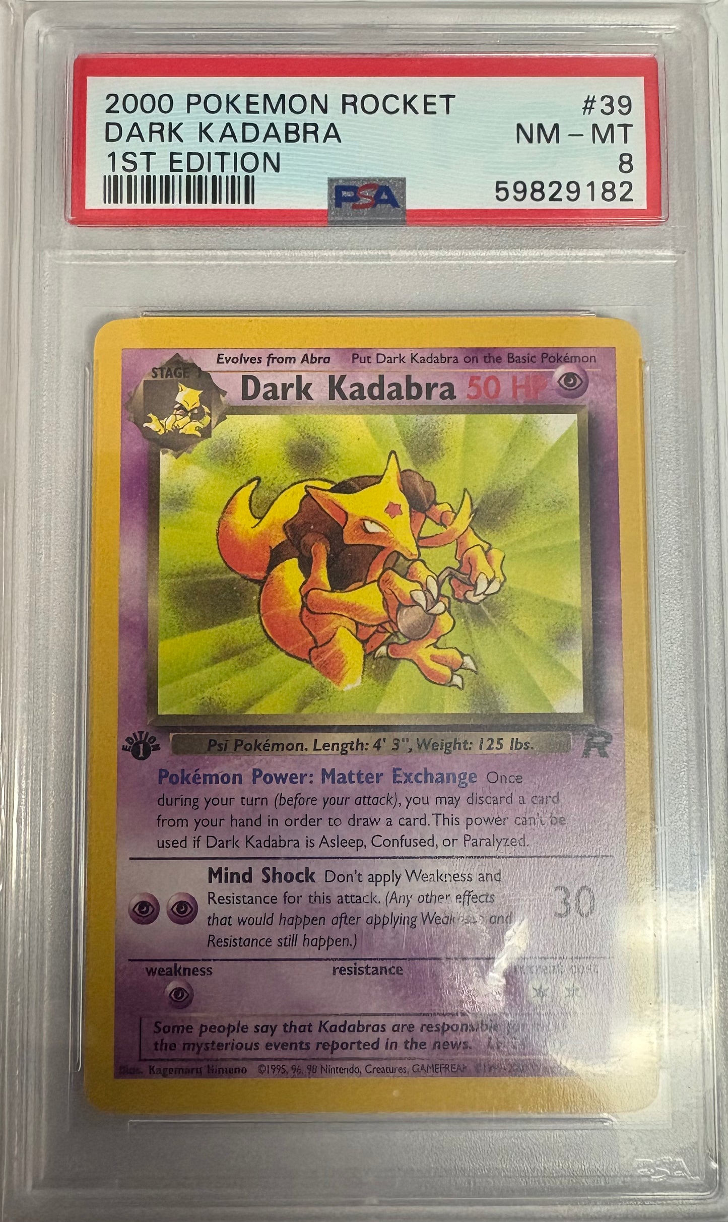 2000 POKEMON ROCKET DARK KADABRA 1ST EDITION 39/82 PSA 8