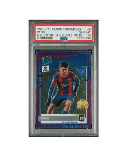 2020-21 PANINI CHRONICLES PEDRI RATED ROOKIE PURPLE MOJO PSA 10