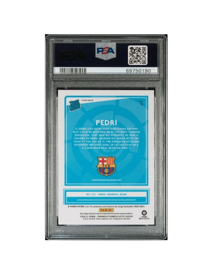 2020-21 PANINI CHRONICLES PEDRI RATED ROOKIE PURPLE MOJO PSA 10