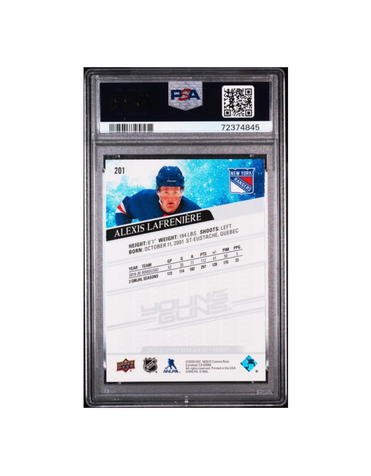 2020 UD SERIES ONE HOCKEY ALEXIS LAFRENIERE YOUNG GUNS PSA 9