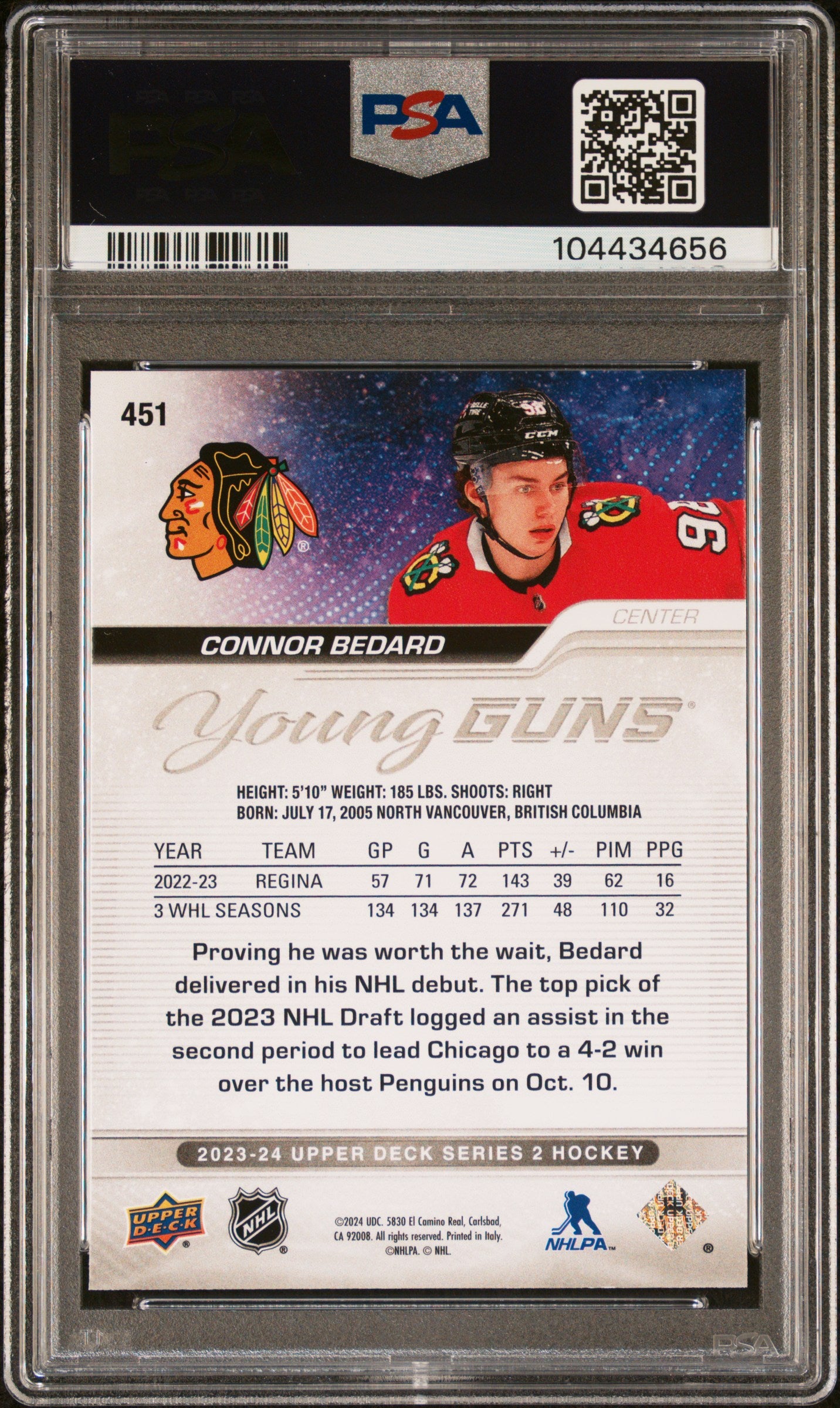 2023 UPPER DECK SERIES 2 CONNOR BEDARD YOUNG GUNS PSA 10