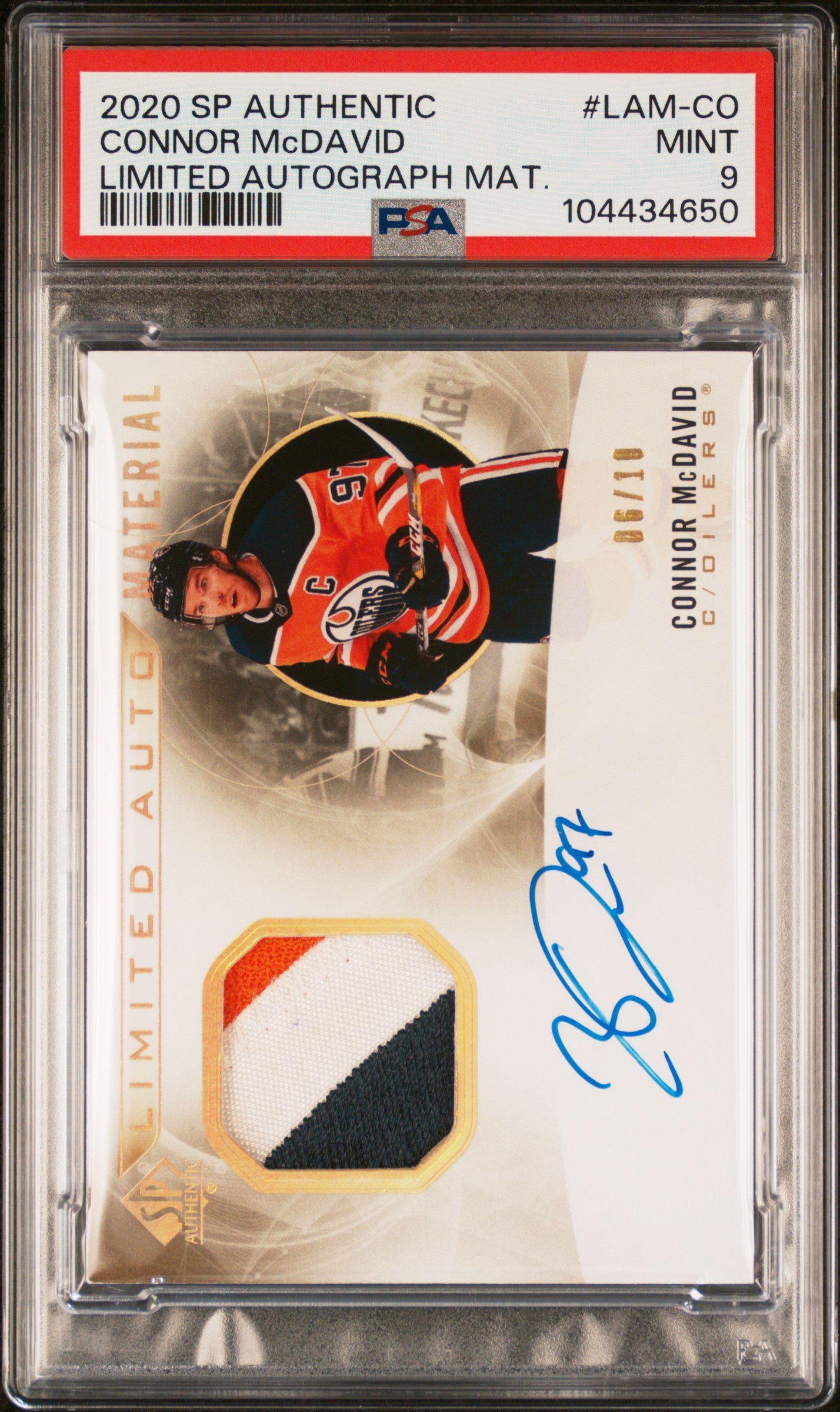 2020 SP AUTHENTIC CONOR MCDAVID LIMITED AUTOGRAPH MATERIAL 06/10 PSA 9