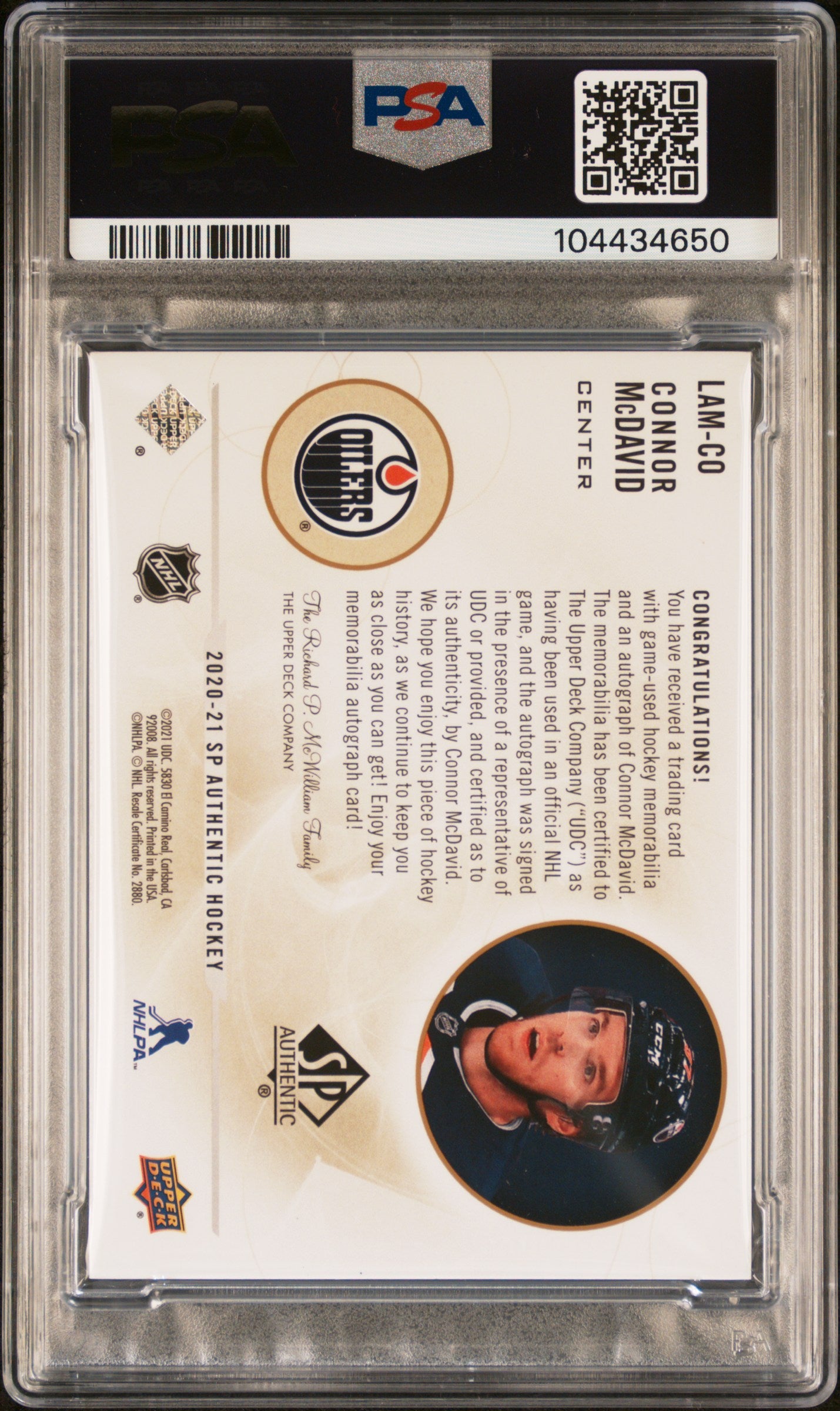 2020 SP AUTHENTIC CONOR MCDAVID LIMITED AUTOGRAPH MATERIAL 06/10 PSA 9