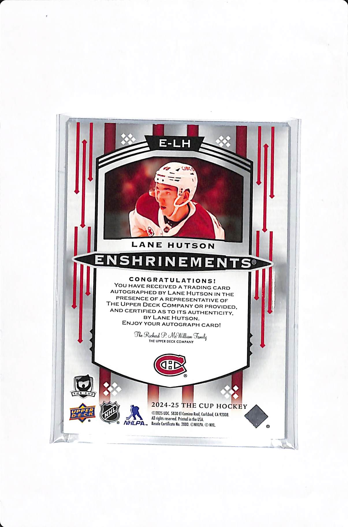 2024-25 UPPER DECK THE CUP LANE HUTSON ENSHRINMENTS ROOKIE AUTO /99 #E-LH