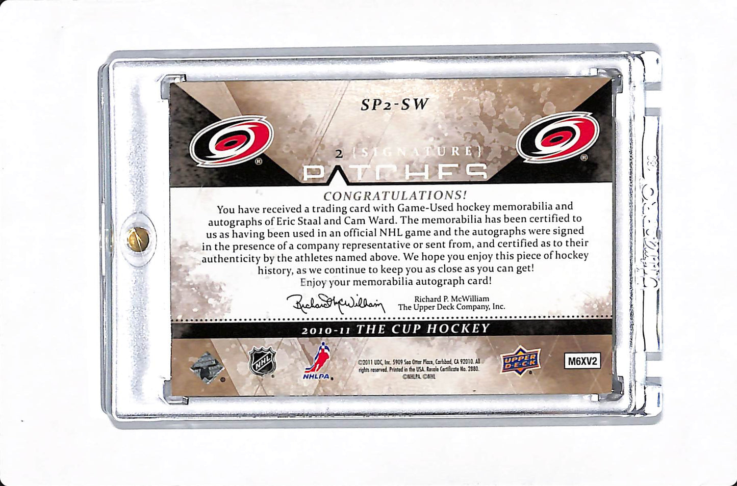 2010-11 UPPER DECK THE CUP ERIC STAAL CAM WARD SIGNATURE PATCHES 2 /35 #SP2-SW