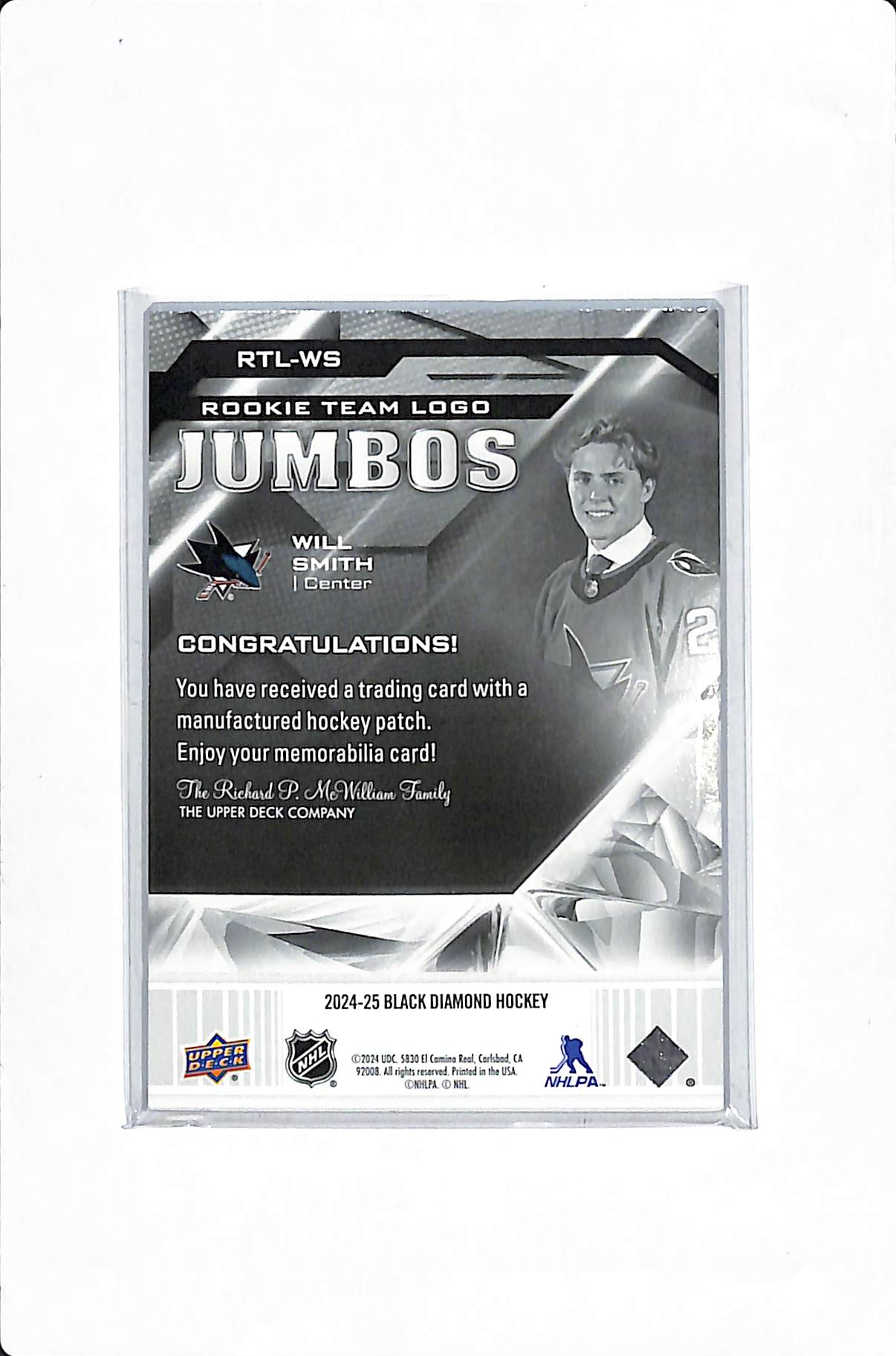 2024-25 UPPER DECK BLACK DIAMOND WILL SMITH ROOKIE TEAM LOGO JUMBOS #RTL-WS