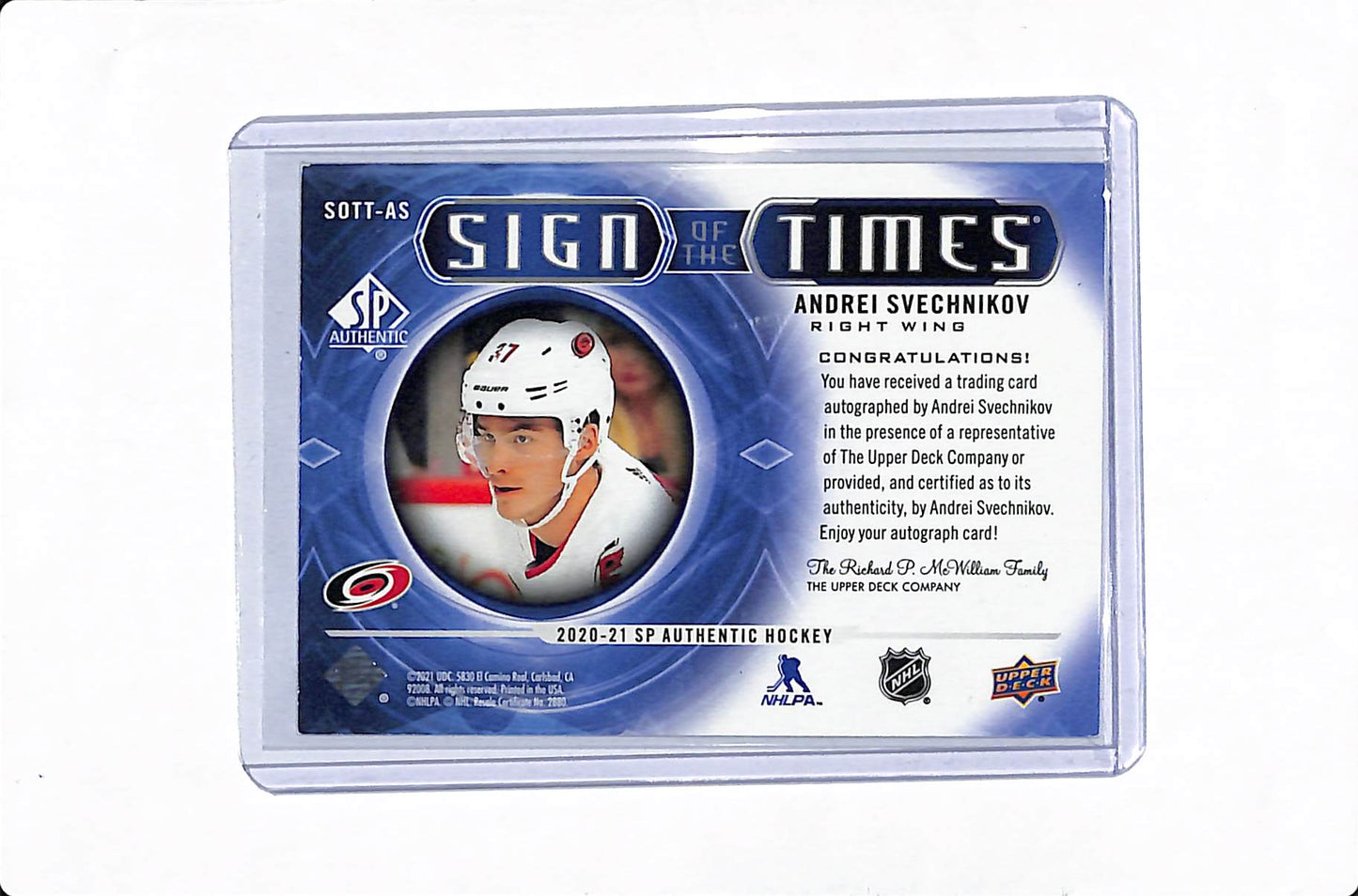 2020-21 UPPER DECK SP AUTHENTIC ANDREI SVECHNIKOV SIGN OF THE TIMES AUTO #SOTT-AS