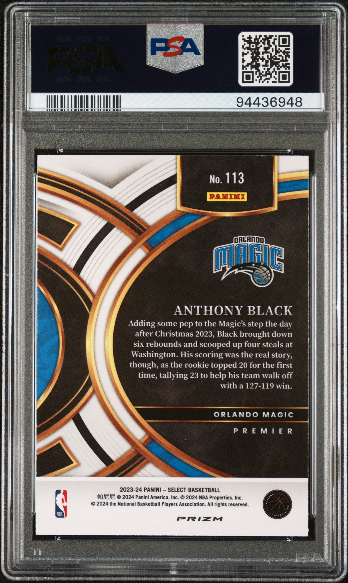 2023 SELECT ANTHONY BLACK ELEPHANT PRIZM PREMIER LEVEL PSA 10